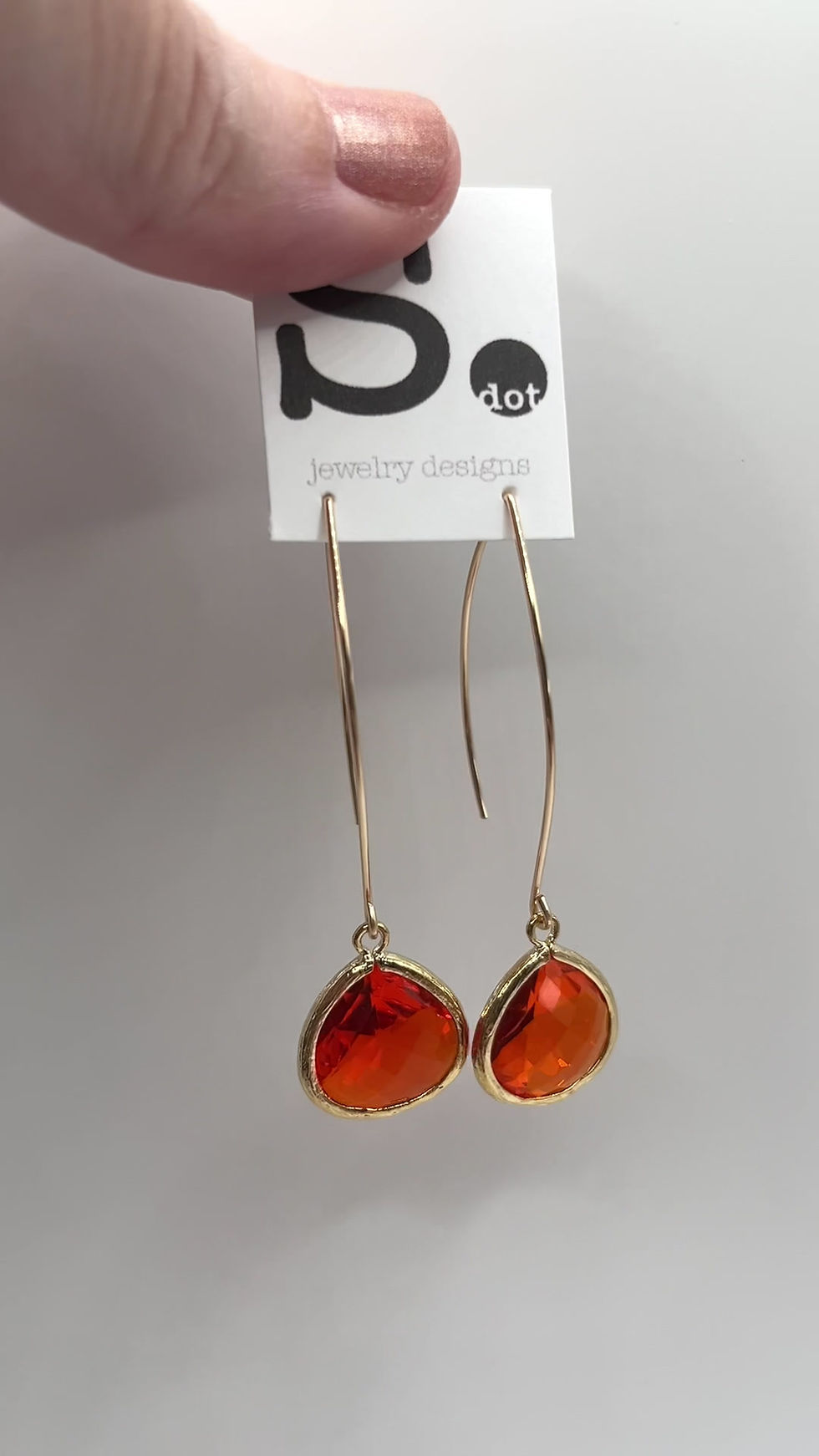 Thumbnail: Deep Orange Glass Drop Long Earrings