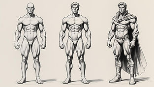 A detailed pencil sketch concept sheet showing the progressive development of a human figu