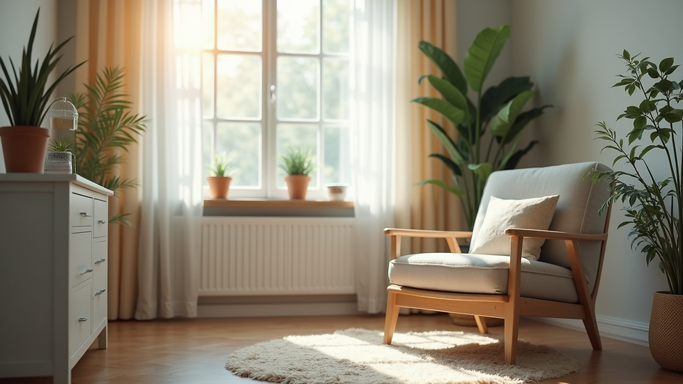 Eye-level view of a therapist's office with a comfortable chair and calming decor