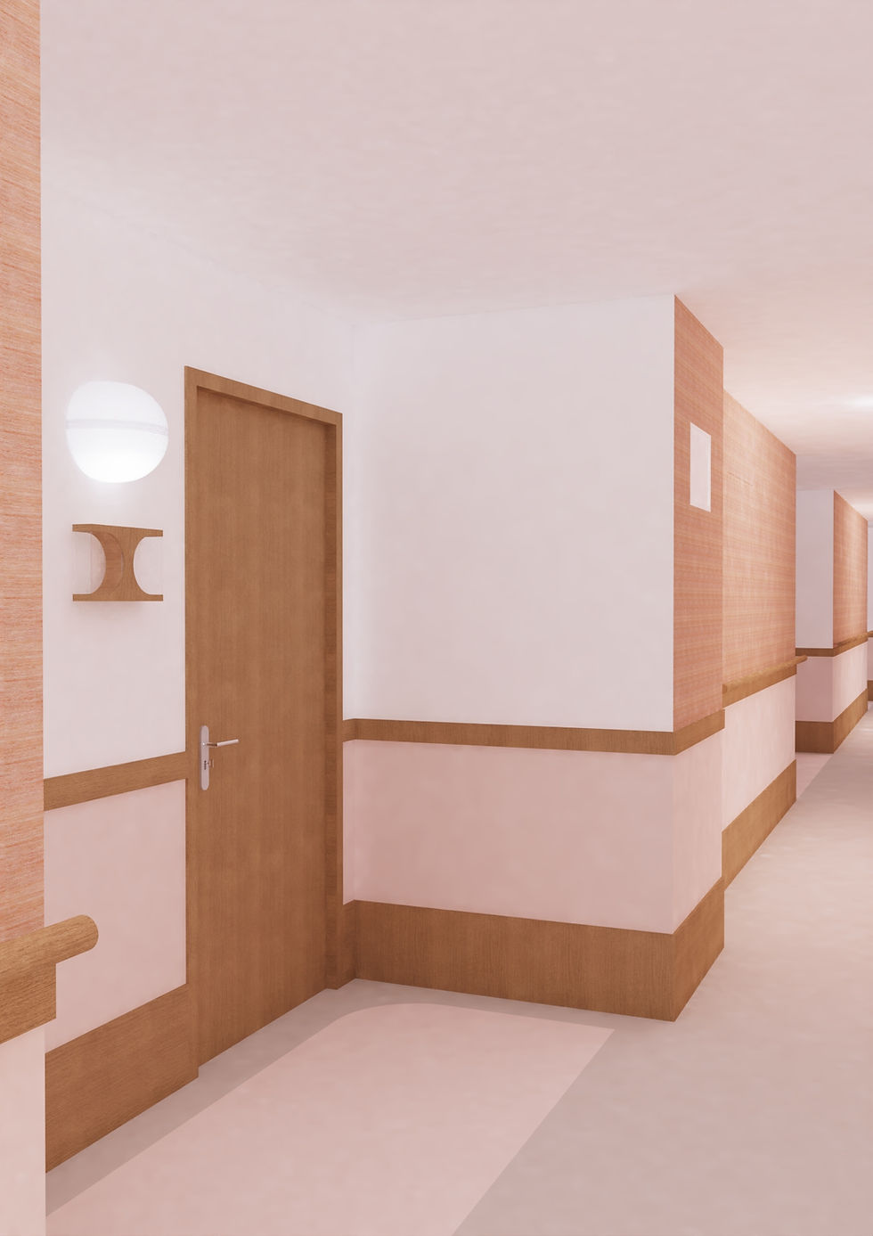 Couleurs en EHPAD dans une circulation aux tons rose poudré et bois avec mains courantes et portes de chambres
