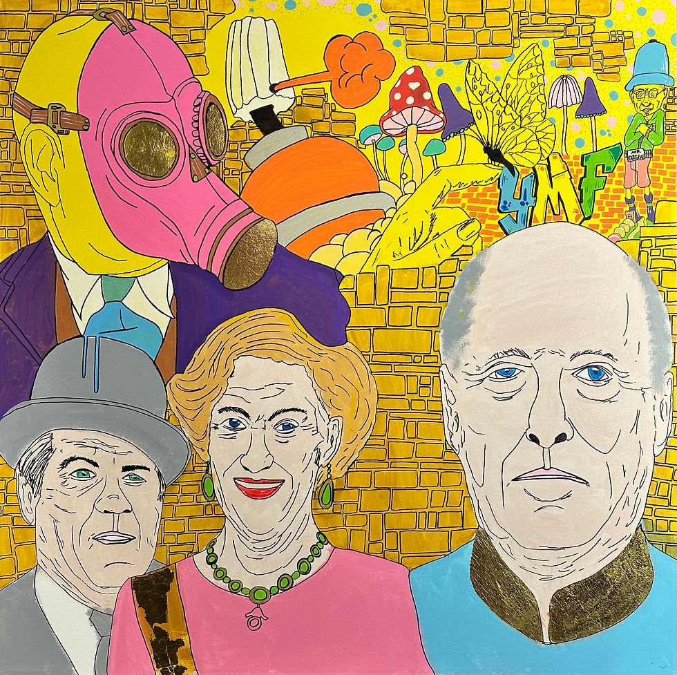 Kunsttrykk laget av Morten Olsen. En dame og tre menn.