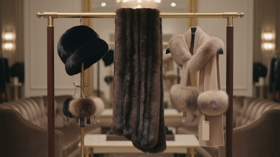 Eye-level view of a clothing rack with recycled fur accessories
