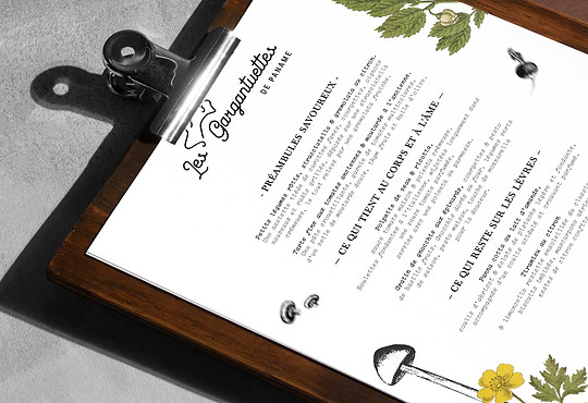 Illustrated menu and visual identity for Les Gargantuettes de Paname, creative branding for a sustainable caterer in Paris.