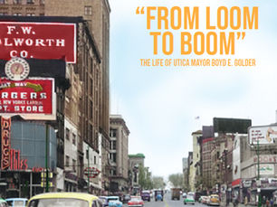 Historic Genesee Street in Utica NY during the Boyd Golder loom to boom era with vintage cars and downtown storefronts