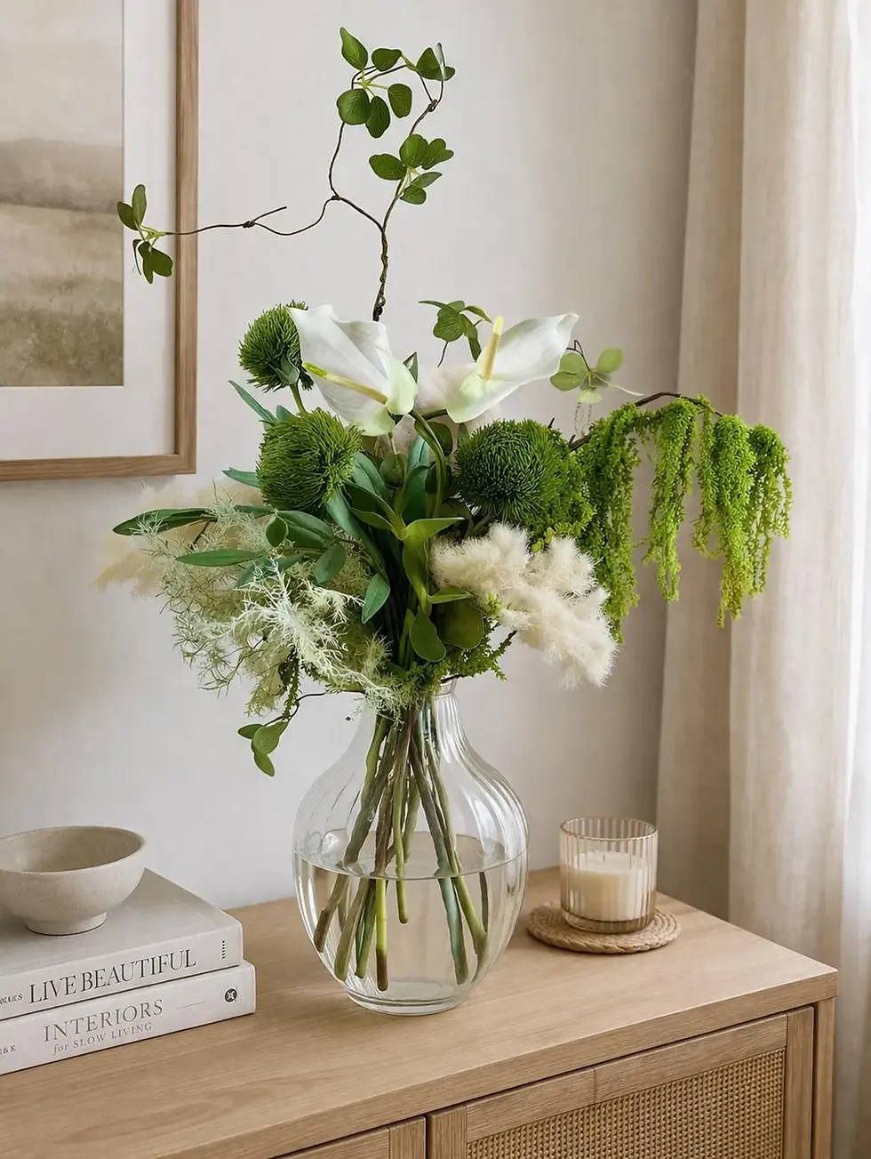 Miniatura: Luxury faux anthurium bouquet with sculptural greenery and cascading amaranthus in modern asymmetrical design