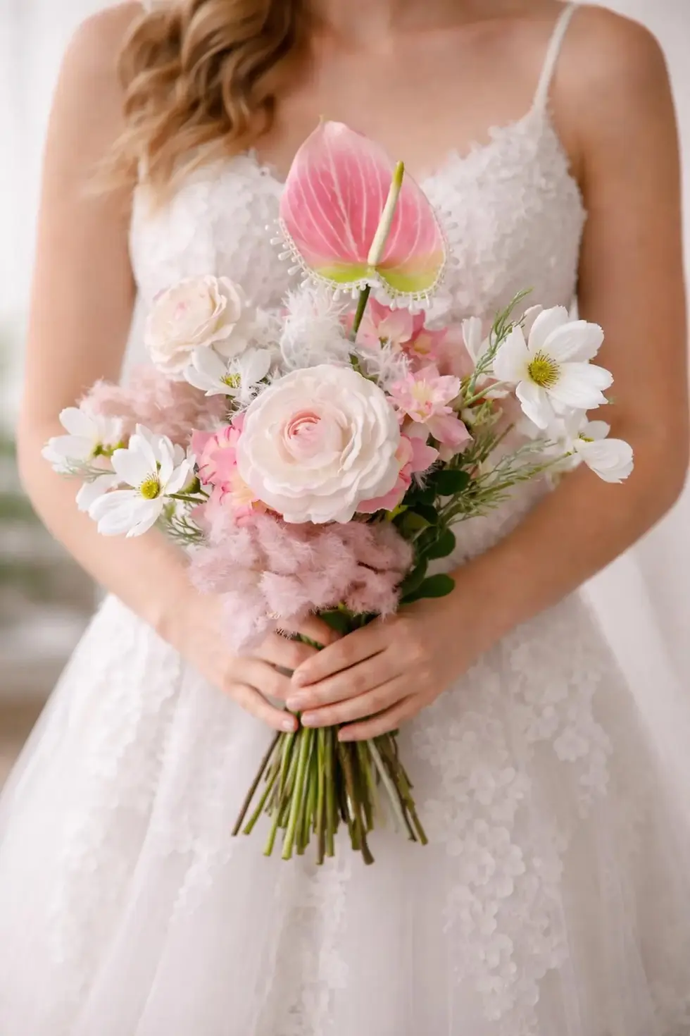 Blush pink anthurium bridal bouquet with beaded detail and pastel faux wedding flowers