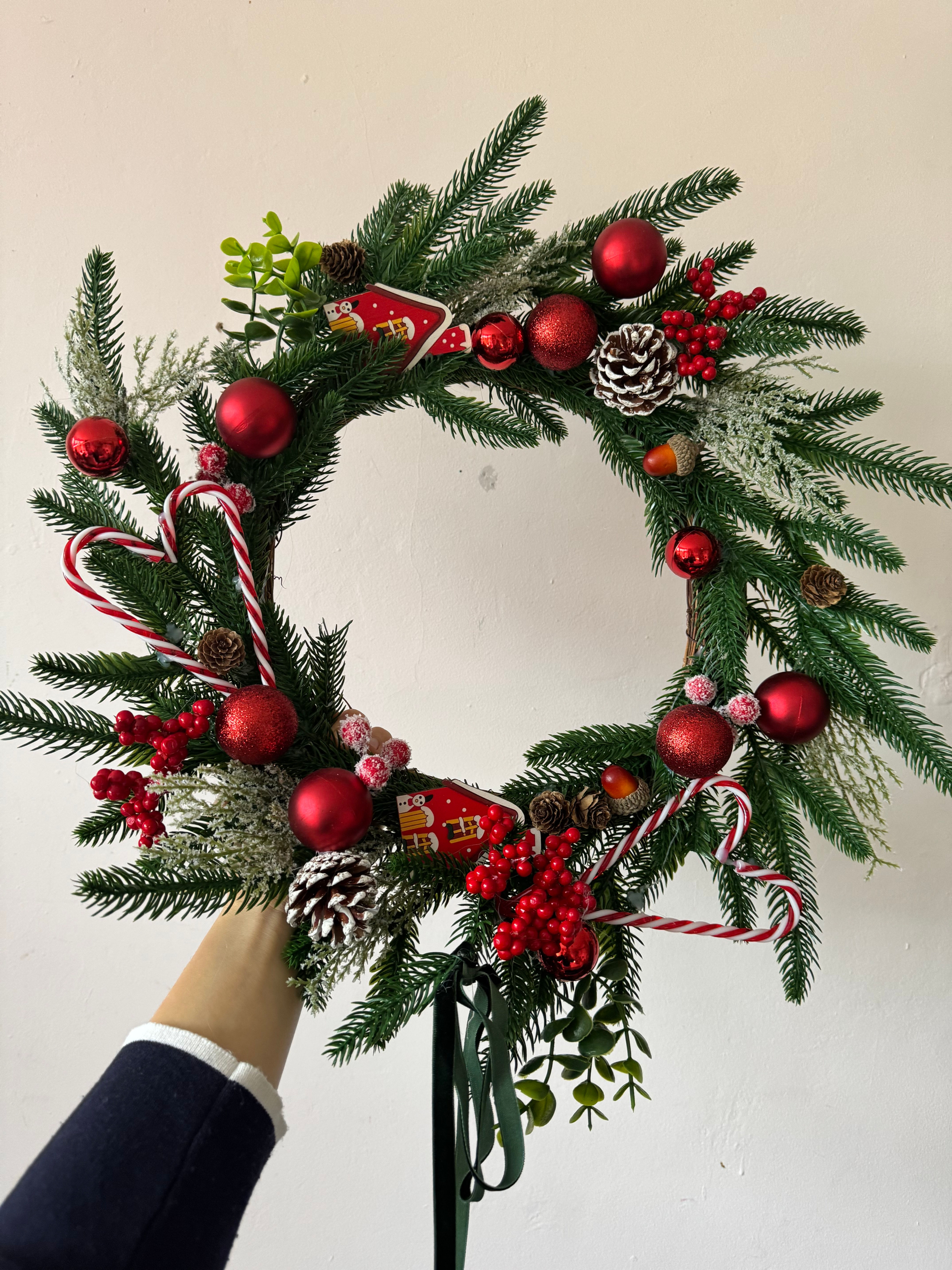 Candy Cane Christmas Wreath | Red and Green Holiday Door Wreath | Pine, Berries