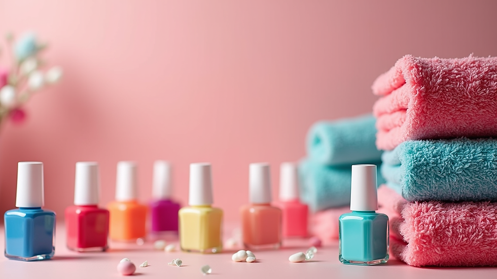 Eye-level view of a colorful kids spa party setup with nail polish and towels