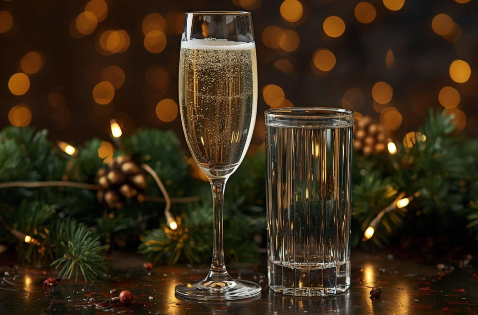 glass of prosecco and a glass of water with festive bacjground