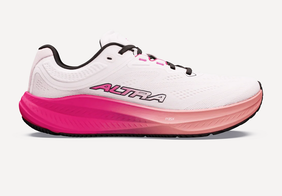 White and pink ALTRA Torin 9 running shoe with black laces on a white background.