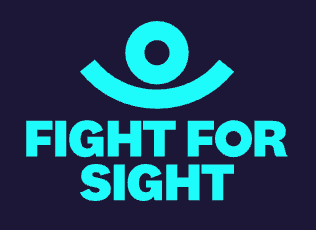 Aqua "Fight for Sight" logo on a dark blue background, featuring a stylized eye graphic above the text.