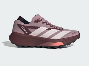 Pink Adidas TERREX trail shoe with white stripes and GORE-TEX text, shown in side view on a plain white background.