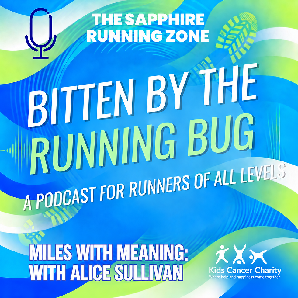 Blue-green podcast poster with microphone icon and text: The Sapphire Running Zone, Bitten by the Running Bug, Miles with Meaning.