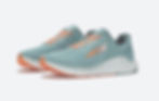 Teal Altra running shoes with orange laces and logo on a light grey background. Shoes have white soles with orange treads, showing dynamic design.