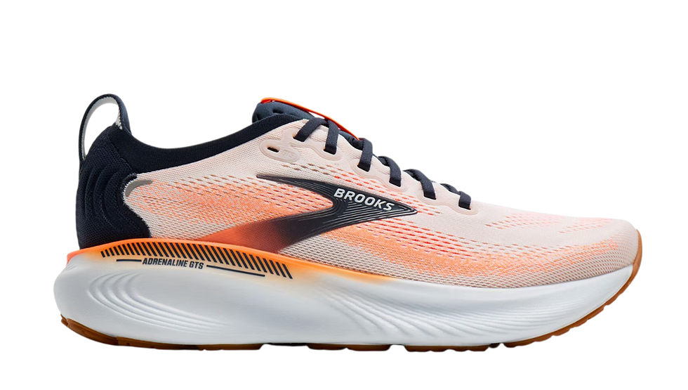 Brooks Adrenaline GTS running shoe in white, orange, and navy, side view on a black background, with visible logo text