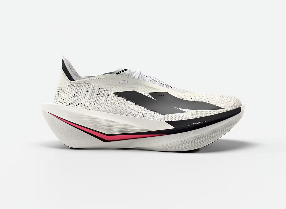 White Kiprun Kipstorm Elite running shoe with black logo and pink midsole stripe, shown in profile on a plain white background.