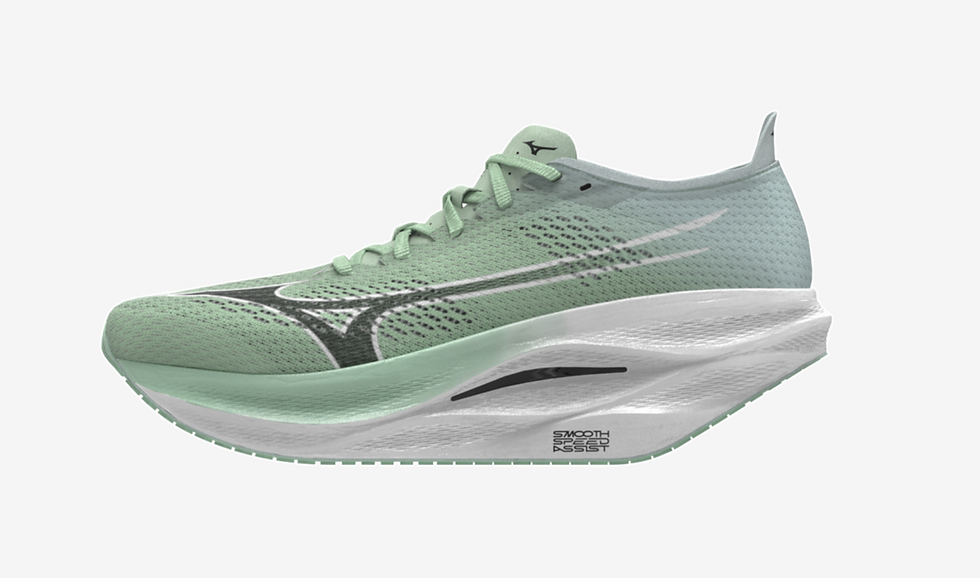Mint green Mizuno Wave Rebellion Pro 3 running shoe on white background with SMOOTH SPEED ASSIST text visible