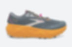 Gray and orange running shoe with pink accents, featuring the text "Brooks" and "Caldera." The sole has a rugged pattern on a white background.