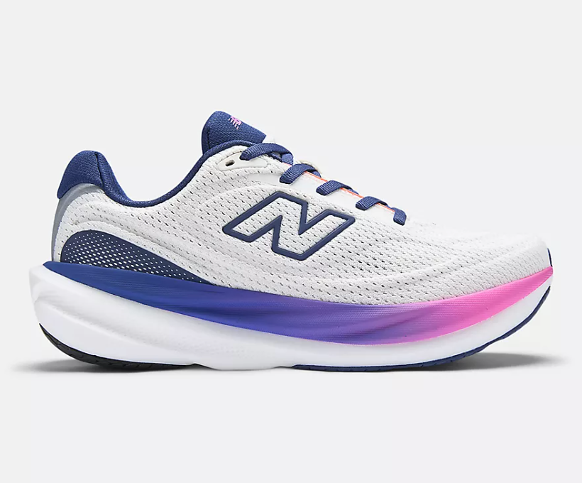 White New Balance 1080 v15 running shoe with navy and pink gradient sole, side view on a plain white background.