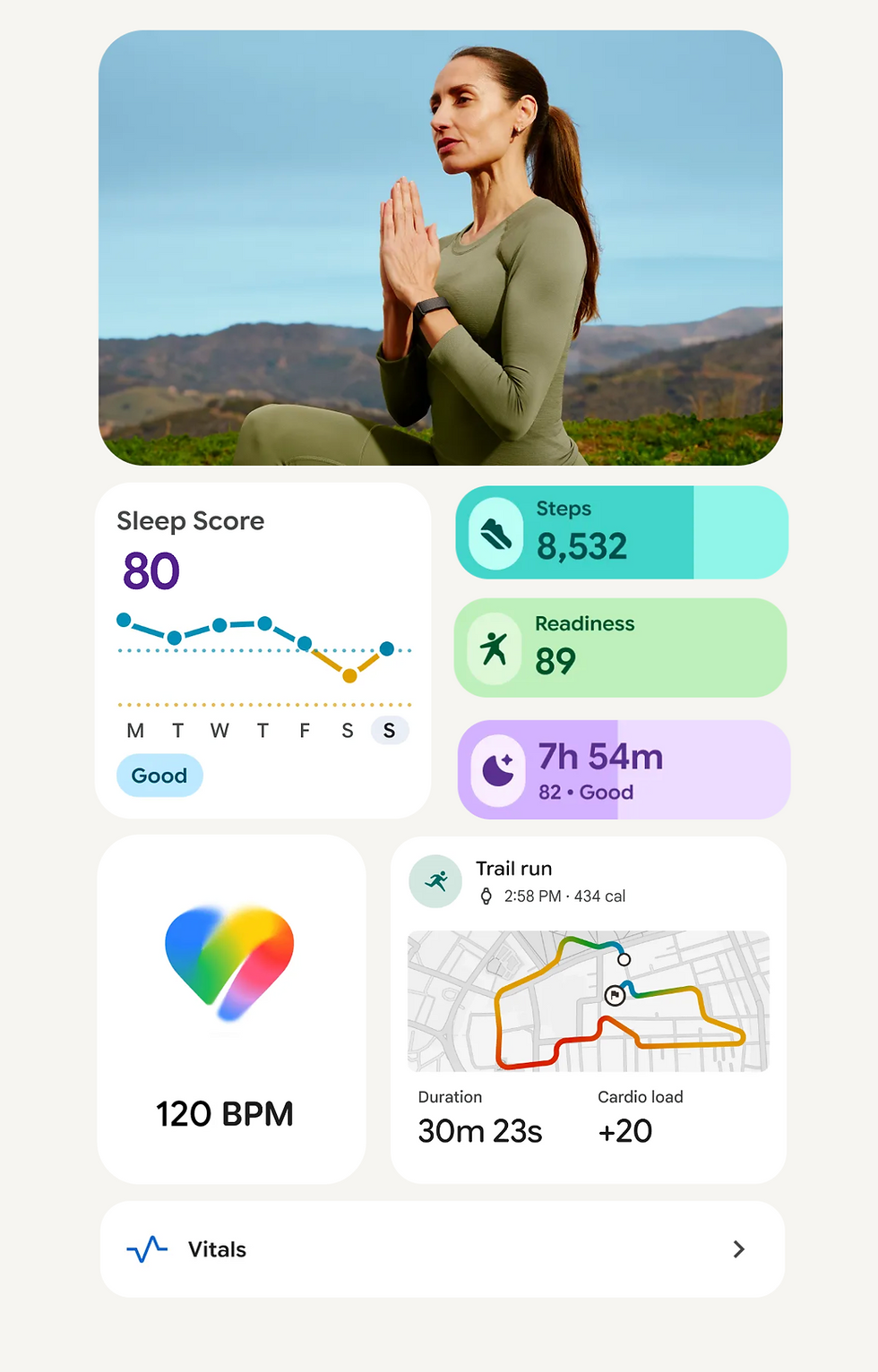 Woman meditates outdoors on a hillside above fitness app cards showing Sleep Score 80, Steps 8,532, Readiness 89, and Trail run.