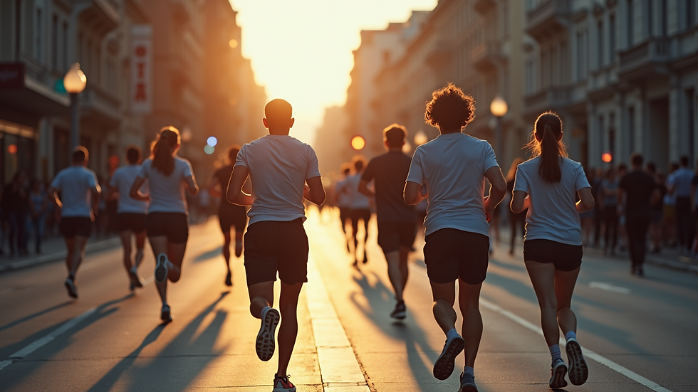 People running on a street at sunset, wearing athletic gear. The scene is backlit, casting long shadows. The mood is energetic.