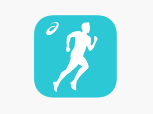 Silhouette of a running person on a turquoise background with a white oval Runkeeper logo. The image conveys motion and energy.
