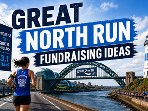 Runner in blue Great North Run top runs along Newcastle waterfront under banners, with bridge, lighthouse and cheering crowds.