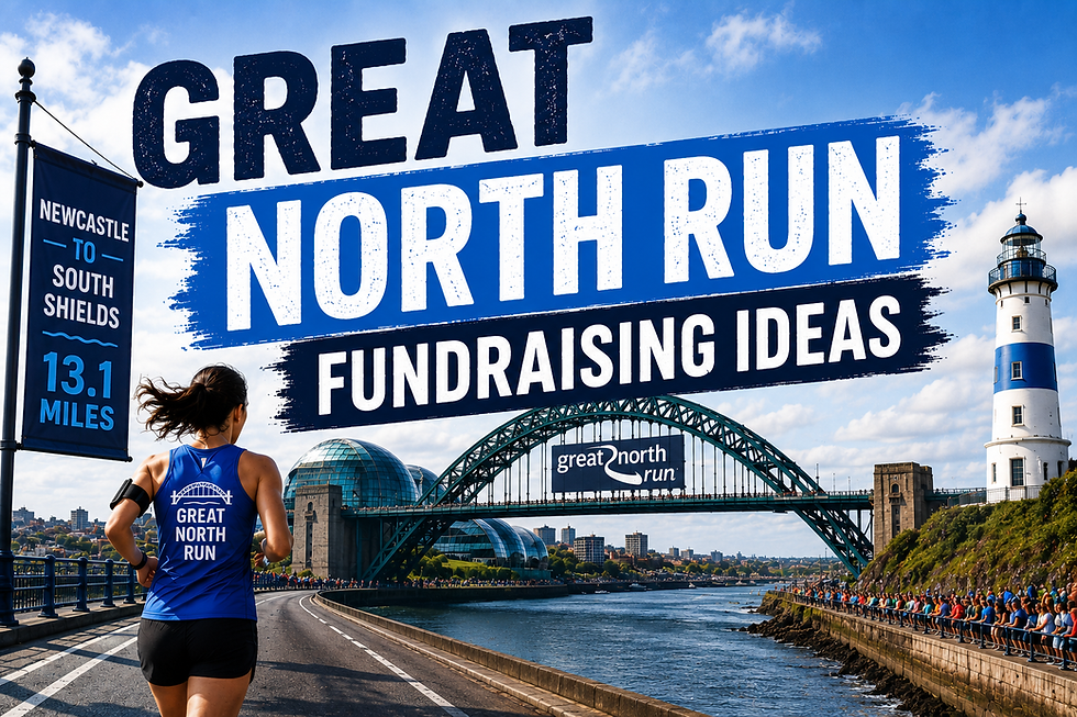Runner in blue Great North Run top runs along Newcastle waterfront under banners, with bridge, lighthouse and cheering crowds.