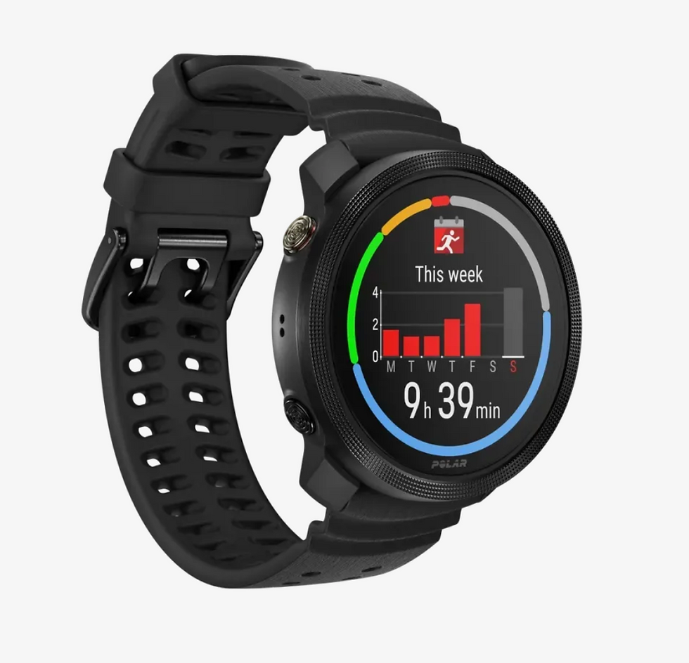 Black Polar smartwatch with silicone band showing a weekly activity chart and 9h 39 min on a white background