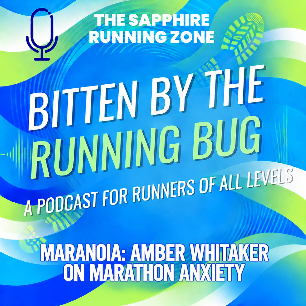 Blue-green podcast poster with microphone icon and footprints: The Sapphire Running Zone, Bitten by the Running Bug, marathon anxiety.