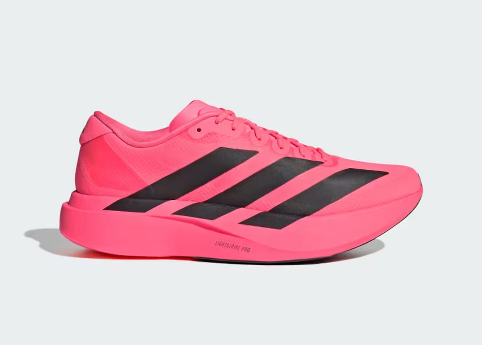 Pink Adidas EVO SL running shoe with black stripes on a white background, labeled LIGHTSTRIKE PRO.