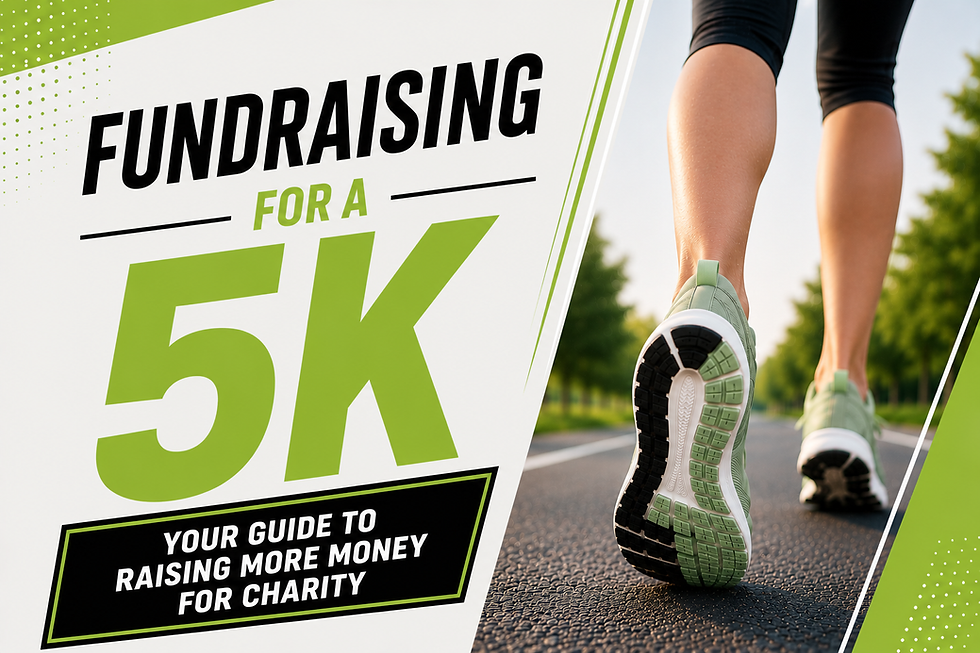 Runner on park path beside city skyline; poster reads FUNDRAISING FOR A 5K and YOUR GUIDE TO RAISING MORE MONEY FOR CHARITY