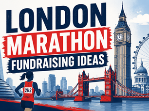  London Marathon fundraising ideas poster with runner, Big Ben, Tower Bridge, and London skyline in red, blue, and white.