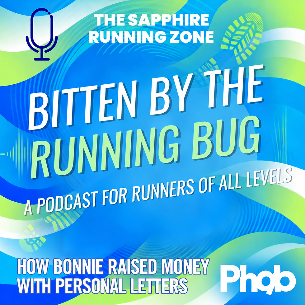 Blue-green podcast promo with microphone icon and text: The Sapphire Running Zone, Bitten by the Running Bug, Phob, and a Bonnie story