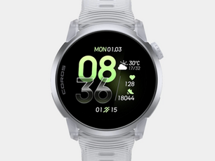 Silver COROS smartwatch with white band on white background, showing 08:36, weather 30°C, heart rate 128, and steps 18044.