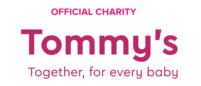 Text reads, "OFFICIAL CHARITY" and "Tommy's Together, for every baby" in pink on a white background, conveying a supportive mood.
