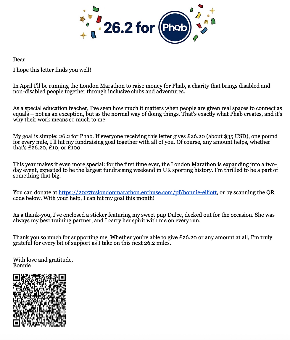 Fundraising letter for 26.2 for Phab with marathon appeal, donation link text, and QR code on a white page with confetti logo.