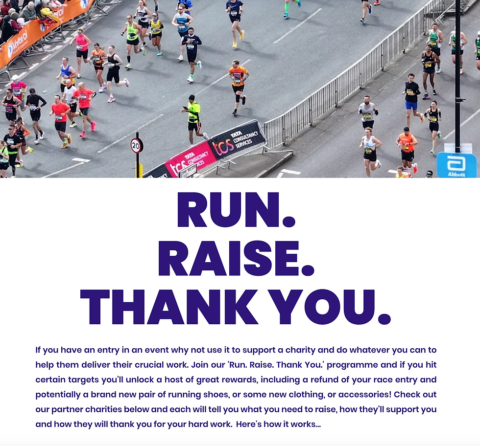 Runners on a city street marathon; vibrant attire, race banners. Text below reads: "RUN. RAISE. THANK YOU." Promotes charity support.