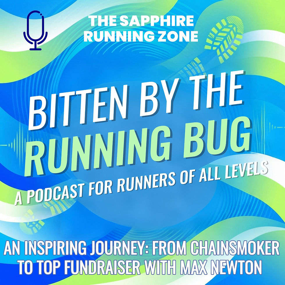 Podcast cover featuring "Bitten by the Running Bug" in bold text. Blue and green abstract background with a microphone icon and shoe print.