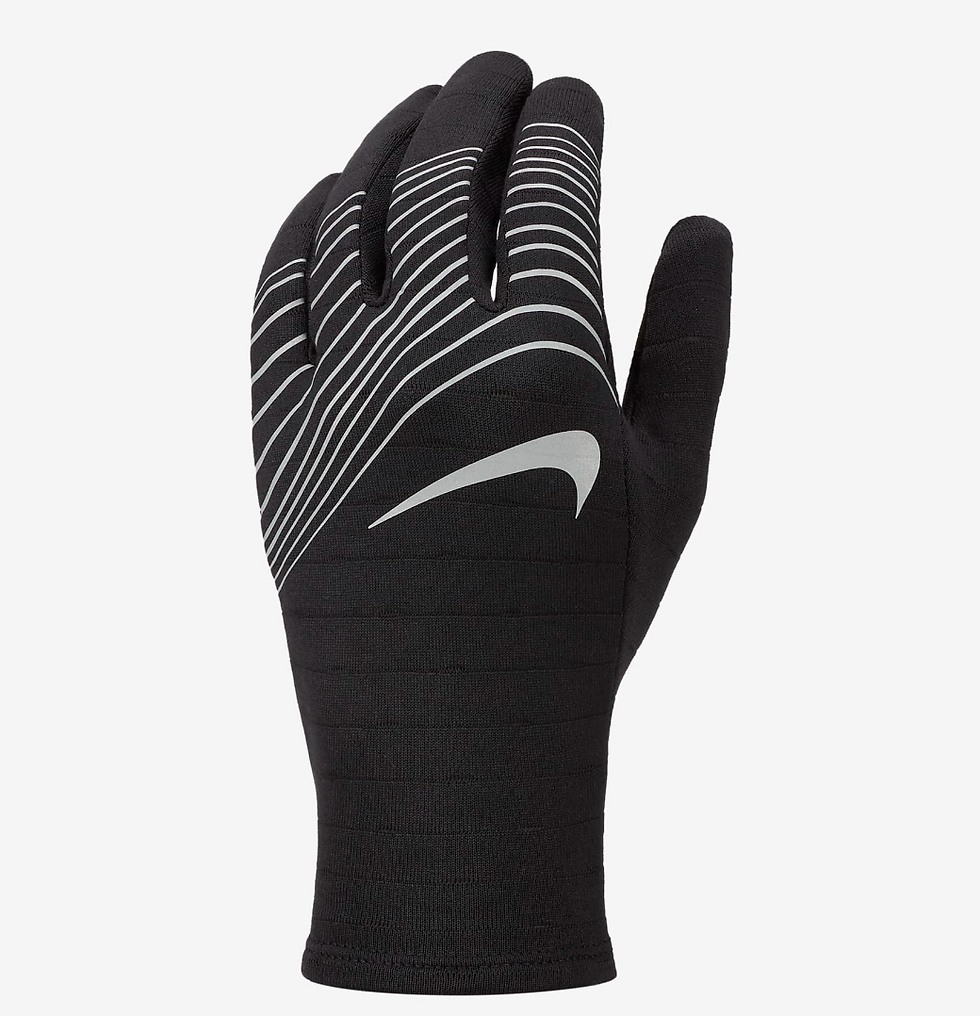 Black glove with white stripes and a swoosh logo, set against a plain background. Sleek, modern design, conveys a sporty feel.