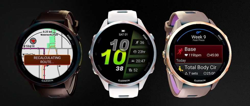 Three Garmin smartwatches on black, showing route recalculating map, fitness stats, and workout schedule.