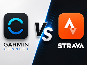 Garmin Connect and Strava app logos face off with a glowing VS on a split white-and-black background.