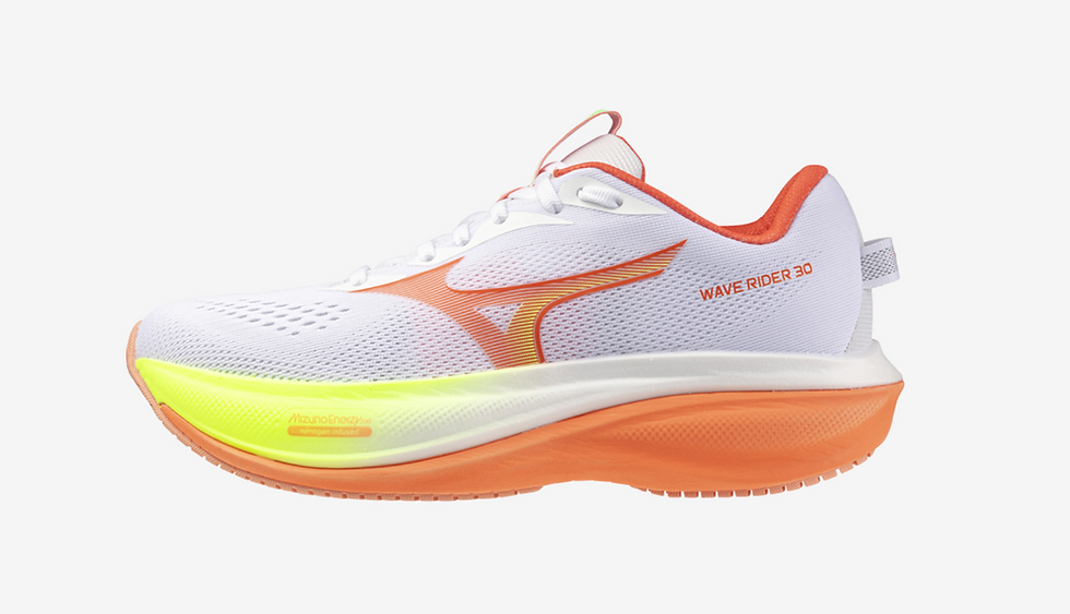 White-and-orange Mizuno Wave Rider 30 running shoe on a plain background, with neon yellow heel and visible model text.