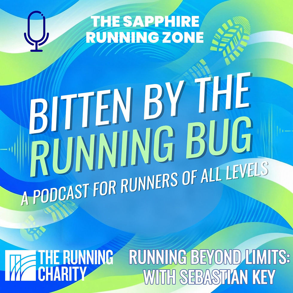 Podcast cover titled "Bitten by the Running Bug" with blue and green waves, microphone icon, and text: "The Sapphire Running Zone" and "The Running Charity."
