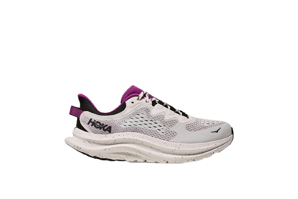 White and purple running shoe on white background, featuring black logo "Hoka." Shoe has a chunky, speckled sole and mesh details.