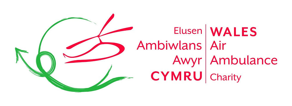 Red and green abstract logo with text: "Wales Air Ambulance Charity, Elusen Ambiwlans Awyr Cymru." White background.