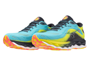 Bright blue and yellow Mizuno running shoes with a black and white sole, featuring pink accents and a visible logo. Text reads "Wave Sky."