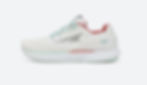 White Altra running shoe with mint laces and red accents on the collar. Gray logo and "Escalante" label on the side. Light, clean background.