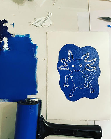 Axolotl Lino print in blue
