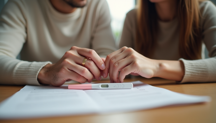 Close-up of a couple holding hands with a pregnancy test on the table